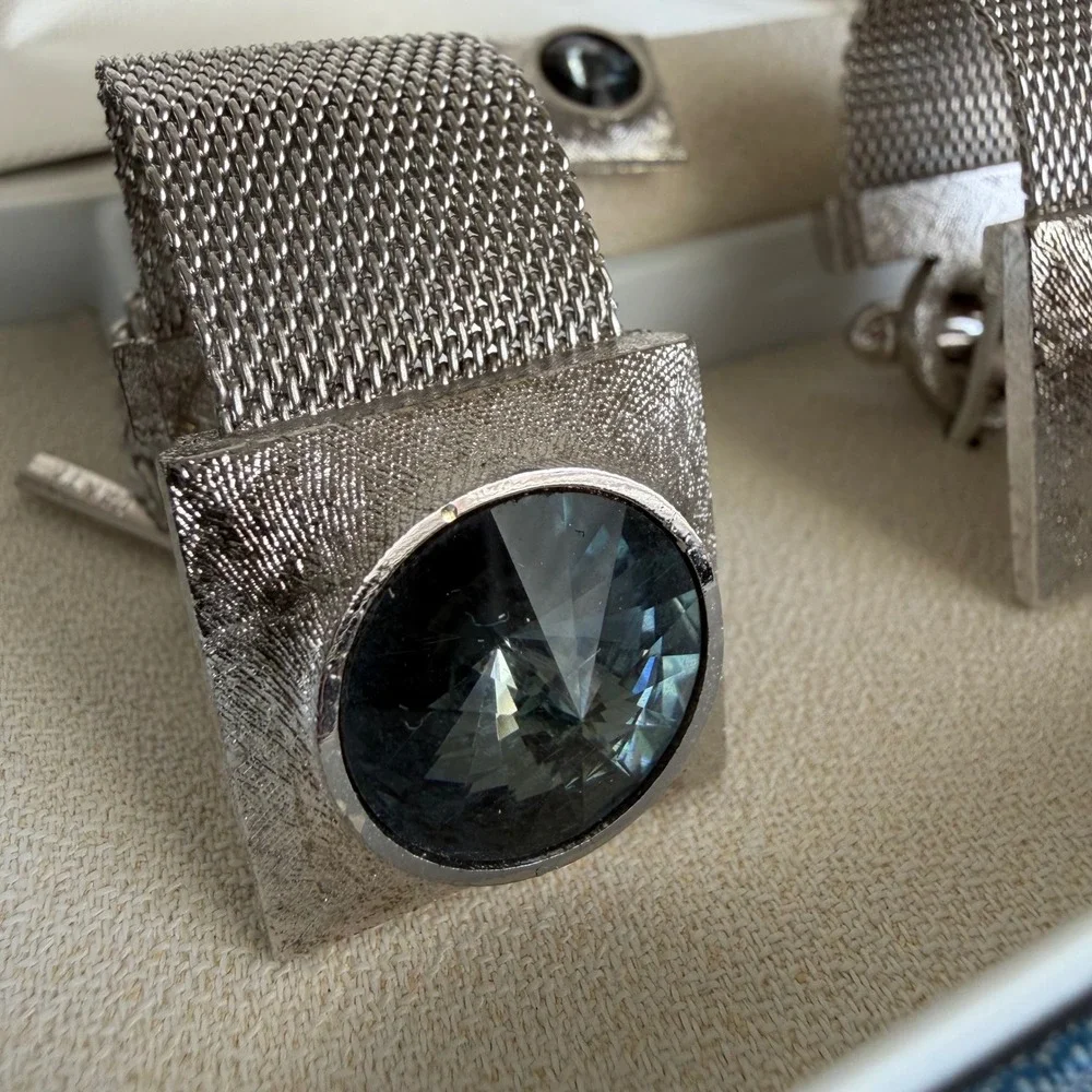 Vintage Esquire Dante Rivoli Rhinestone Mesh Cufflinks Tie Tack Set Silver Tone